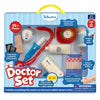 Front view of the Skillmatics Doctor Set for ages 3-8 featuring a realistic pretend play medical kit with over 35 pieces. Visible through the display window are a stethoscope, syringe, thermometer, pulse oximeter, medicine bottle, blood pressure monitor, bandages, injury stickers, and X-ray sheets.
