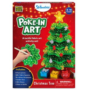 Skillmatics Poke-In Art Christmas Tree activity set box showing a decorated green fabric Christmas tree with glitter ornaments and star topper. Packaging highlights mess-free tactile fabric art, ages 4–10, 8 foam pieces, 500+ fabric squares, 70+ glitter ornaments, mini gift boxes and poke-in sticks.