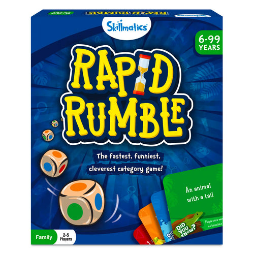 Blue and yellow Rapid Rumble board game box for ages 6 and up, 2-5 players