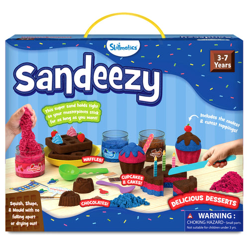 Children’s play sand set for creating dessert-themed molds from Sandeezy Delicious Desserts set