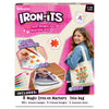 Skillmatics Iron-Its craft kit in pink box. Smiling teen girl holds canvas tote bag with orange tulip art. Three steps shown: create with magic iron-on markers, iron design onto fabric, then wear it. Includes 8 markers, tote bag, 30+ stencils, 5 printed designs, practice cloth. Ages 7–99.