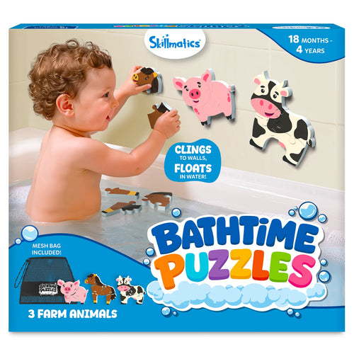 Skillmatics Bathtime Puzzles box featuring a toddler playing with colorful foam farm animal puzzles on a bathtub wall. Includes pig, cow, and horse puzzles that cling to walls and float in water, a mesh storage bag, age range 18 months–4 years, and a playful bath-themed design.