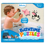 Skillmatics Bathtime Puzzles box featuring a toddler playing with colorful foam farm animal puzzles on a bathtub wall. Includes pig, cow, and horse puzzles that cling to walls and float in water, a mesh storage bag, age range 18 months–4 years, and a playful bath-themed design.