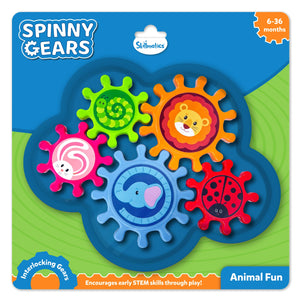 Skillmatics Spinny Gears Animal Fun toy packaging for ages 6–36 months. Includes five brightly coloured interlocking gears with cute animal faces — lion, elephant, caterpillar, bunny, and ladybug. The box highlights “Encourages early STEM skills through play” and “Interlocking Gears.” A perfect tactile and visual learning toy for toddlers.