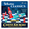 Front packaging of Skillmatics Classics Chess Kickoff board game. The box shows a chessboard scene with red and teal chess pieces mid-game, including kings, rooks, bishops, and pawns, with a dramatic “Checkmate” effect. Text reads “Chess Kickoff for Beginners & Chess-Lovers,” “Master Your Strategic Thinking Skills,” ages 4–99, and 2 players, with Skillmatics branding at the top.