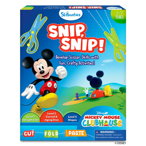 Front view of the Skillmatics “Snip Snip!” activity kit box for ages 3–7, featuring Disney’s Mickey Mouse smiling and stepping forward against a bright blue and green background. The title “SNIP SNIP!” appears in bold red text with child-safe scissors illustrated around it. Icons at the bottom show three learning levels for straight lines, curved and zigzag lines, and shapes, along with cut, fold, and paste steps.