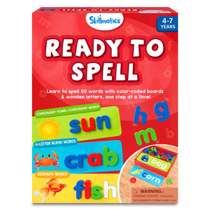 Skillmatics Ready to Spell learning kit with color-coded boards and wooden letters for ages 4-7