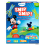 Front view of the Skillmatics “Snip Snip!” activity kit box for ages 3–7, featuring Disney’s Mickey Mouse smiling and stepping forward against a bright blue and green background. The title “SNIP SNIP!” appears in bold red text with child-safe scissors illustrated around it. Icons at the bottom show three learning levels for straight lines, curved and zigzag lines, and shapes, along with cut, fold, and paste steps.