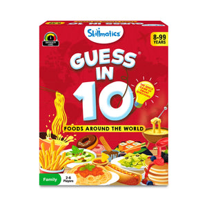 Red box for Guess in 10 Foods Around the World trivia card game for ages 8+