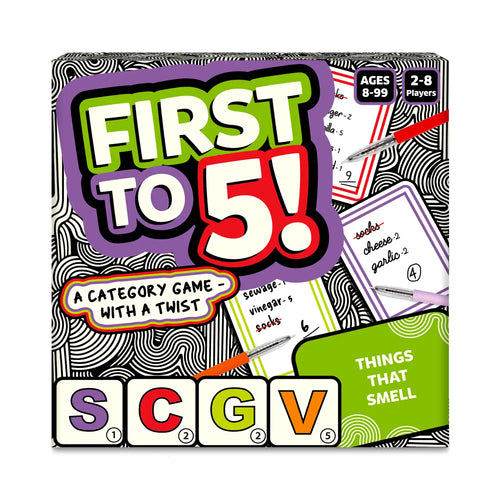 Board game for 2-8 players aged 8+ titled First to 5 with a fun category twist