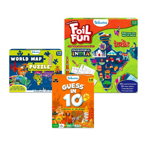 Educational children’s games and puzzles including world map puzzle and India craft set