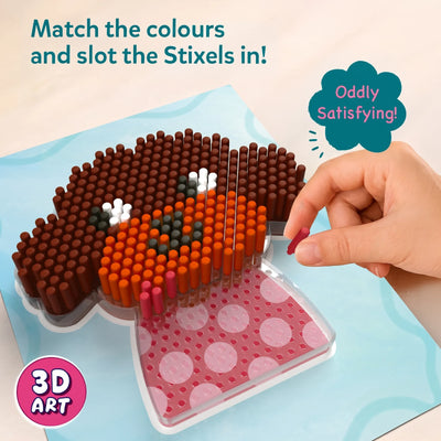 Close-up instructional view of Skillmatics Stixels 3D art activity showing a hand placing a pink stixel peg into a transparent base board to form a puppy face design. The image emphasizes color matching, slot-and-fill technique, with cylindrical pegs creating a textured mosaic effect.