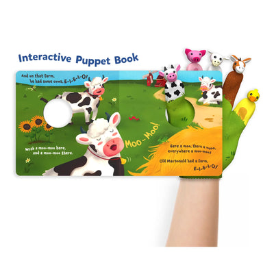 Colorful interactive puppet book with farm animals for babies in Sensory Giggles Bundle