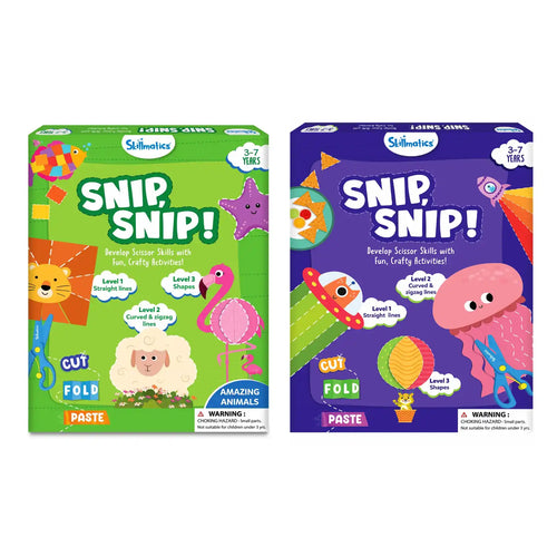 Two children’s craft kits for developing scissor skills in the Animal Snip & Craft Bundle for ages 3-7