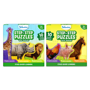 Two sets of Skillmatics Step-by-Step Puzzles featuring Wild Animals and Farm Animals for ages 3+