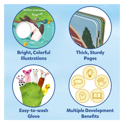 Promotional graphic of Sensory Giggles Bundle featuring children’s book and glove set