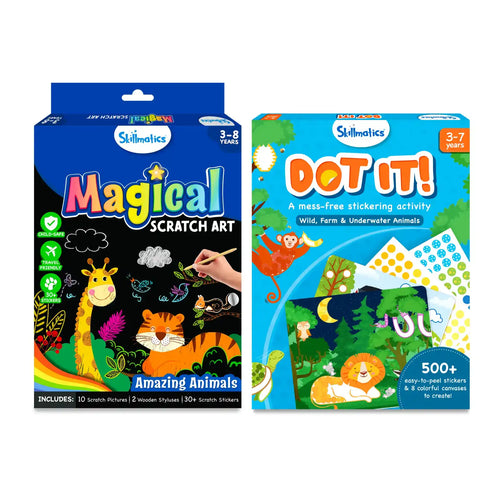 Two children’s art activity kits for scratch art and sticker art from Animal Enthusiast Art Set