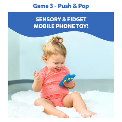 Baby playing with blue and yellow sensory fidget mobile phone toy from Tiny Tots Sensory Bundle