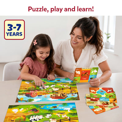 Young child assembling the Skillmatics All About Farm Animals puzzle while an adult holds a learning board and smiles beside them. The completed farm puzzle and educational cards are displayed on a table, highlighting an engaging screen-free learning activity for children aged 3–7.