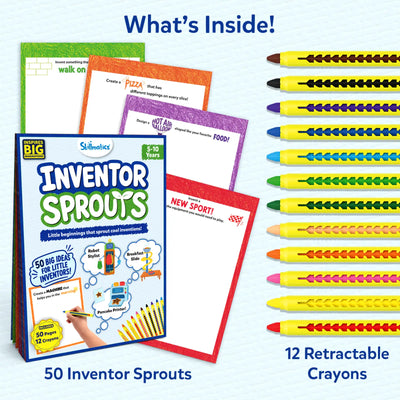Contents of the Skillmatics Inventor Sprouts kit displaying a 50-page activity book measuring 8.8 x 6.5 inches alongside 12 colorful retractable crayons arranged vertically. The layout clearly highlights everything included for children to sketch and design imaginative inventions.