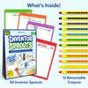 Contents of the Skillmatics Inventor Sprouts kit displaying a 50-page activity book measuring 8.8 x 6.5 inches alongside 12 colorful retractable crayons arranged vertically. The layout clearly highlights everything included for children to sketch and design imaginative inventions.