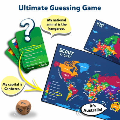 Geography-themed trivia game with cards, world map, and die for ages 7+