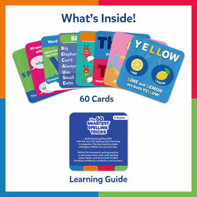 Overview image showing what’s included in the Skillmatics spelling kit. A fan of colorful flashcards displays different categories with illustrated examples, text prompts, and icons. Below, text highlights “60 Flash Cards” and a blue Learning Guide booklet, explaining spelling strategies. The layout is clean, friendly, and clearly communicates educational contents.