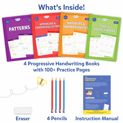 Flat lay showing the contents of Skillmatics The Handwriting Practice Kit. Four colorful books titled Patterns, Uppercase & Lowercase Letters, Numbers & Number Names, and CVC & Sight Words are arranged beneath the heading “What’s Inside.” Below them are four pencils, an eraser, and an instruction manual, highlighting 100+ practice pages for progressive handwriting learning.