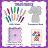 Contents of the Skillmatics Stixels Flower Vase kit displayed on a white background, including 400+ colorful Stixels, a transparent flower-shaped base, a lavender display frame measuring 10.6 x 9 inches, and a printed color guide used to build the finished 3D flower vase artwork.