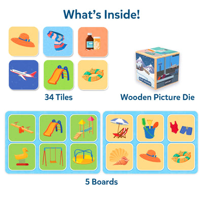 Children’s memory game with 34 tiles, 5 game boards, and a wooden picture die