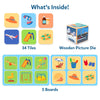 Children’s memory game with 34 tiles, 5 game boards, and a wooden picture die