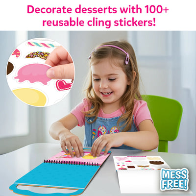 Young girl happily decorating desserts with reusable stickers from Peelies Dessert Chef activity book