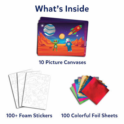 Children’s space-themed art kit with canvases foam stickers foil sheets and googly eyes