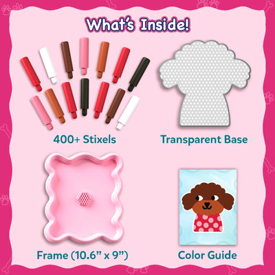 Flat lay 'What's Inside' panel for Skillmatics Stixels kit showing 400+ colorful cylindrical stixels in shades of red, brown, white and black, a transparent perforated base board shaped like a character silhouette, a pink wavy frame, and a color guide card featuring a sample puppy design.