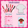 Flat lay 'What's Inside' panel for Skillmatics Stixels kit showing 400+ colorful cylindrical stixels in shades of red, brown, white and black, a transparent perforated base board shaped like a character silhouette, a pink wavy frame, and a color guide card featuring a sample puppy design.
