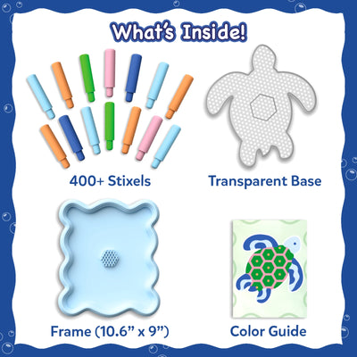 Contents of the Skillmatics Stixels The Sea Turtle kit displayed on a light background, including 400+ colorful Stixels in blue, green, pink, and orange, a transparent turtle-shaped base, a decorative display frame measuring 10.6 x 9 inches, and a printed sea turtle color guide.