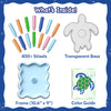Contents of the Skillmatics Stixels The Sea Turtle kit displayed on a light background, including 400+ colorful Stixels in blue, green, pink, and orange, a transparent turtle-shaped base, a decorative display frame measuring 10.6 x 9 inches, and a printed sea turtle color guide.