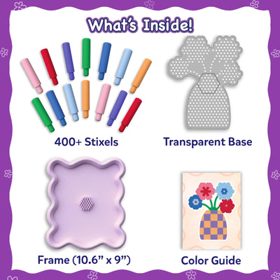 Contents of the Skillmatics Stixels Flower Vase kit displayed on a white background, including 400+ colorful Stixels, a transparent flower-shaped base, a lavender display frame measuring 10.6 x 9 inches, and a printed color guide used to build the finished 3D flower vase artwork.