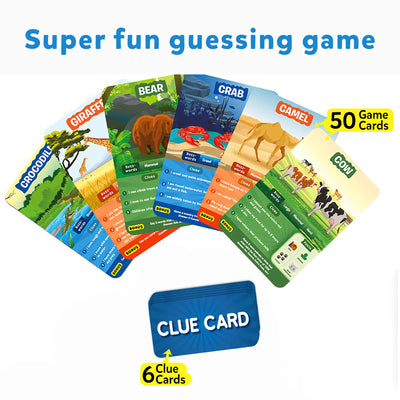 Animal-themed guessing game cards with clues from Guess in 10 Animal Kingdom trivia game