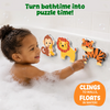 A smiling child enjoys bath time while placing colorful foam animal puzzles on a tiled bathtub wall. The monkey, lion, and tiger puzzles stick securely to the wet surface, surrounded by bubbles. Text highlights that the puzzles cling to walls, float in water, and turn bath time into engaging puzzle play.