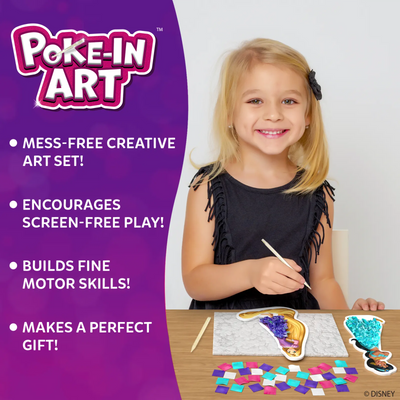 Smiling child creating her Disney princesses with Poke-in Art, a mess-free activity that encourages creativity