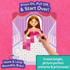 Child's hand pressing a pink felt square onto a princess picture board featuring a princess in a pink ballgown on a palace staircase with draped curtains. Board is partially filled with pink squares. Pink felt textured background shown. Headline reads Press On Pull Off and Start Over.