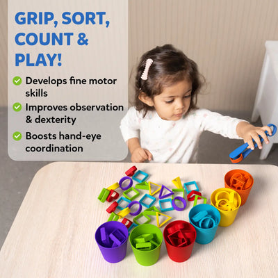 Colorful geometric shapes and cups toy for fine motor and sorting skills development