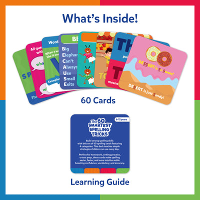 Overview image showing what’s included in the Skillmatics spelling kit. A fan of colorful flashcards displays different categories with illustrated examples, text prompts, and icons. Below, text highlights “60 Flash Cards” and a blue Learning Guide booklet, explaining spelling strategies. The layout is clean, friendly, and clearly communicates educational contents.