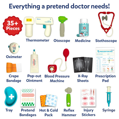 Overview graphic of the Skillmatics Doctor Set highlighting more than 35 pretend medical tools and accessories. Labeled items include a thermometer, otoscope, medicine bottle, stethoscope, pulse oximeter, crepe bandage, ointment tube, blood pressure monitor, X-ray sheets, prescription pad, tray, injury stickers, and syringe.