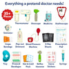 Overview graphic of the Skillmatics Doctor Set highlighting more than 35 pretend medical tools and accessories. Labeled items include a thermometer, otoscope, medicine bottle, stethoscope, pulse oximeter, crepe bandage, ointment tube, blood pressure monitor, X-ray sheets, prescription pad, tray, injury stickers, and syringe.