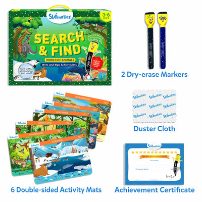 Search & Find Animals reusable activity mats for ages 3-6 with markers and certificate