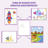 Illustration showing how one triangle shape can inspire different drawings. A single triangle in the center is connected by arrows to four completed creations: a rocket, a colorful bird, a snail, and a landscape with mountains, a house, and a lake, demonstrating multiple creative possibilities.