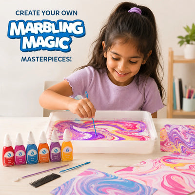 Smiling young boy holding vibrant abstract artwork from Marbling Magic Paint Kit