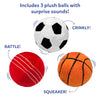 Three plush sports balls displayed separately on a white background with text stating “Includes 3 plush balls with surprise sounds.” Curved arrows and labels identify sound features: the black-and-white soccer ball marked “Crinkly,” the red cricket ball marked “Rattle,” and the orange basketball marked “Squeaker,” visually explaining different sensory sound experiences.